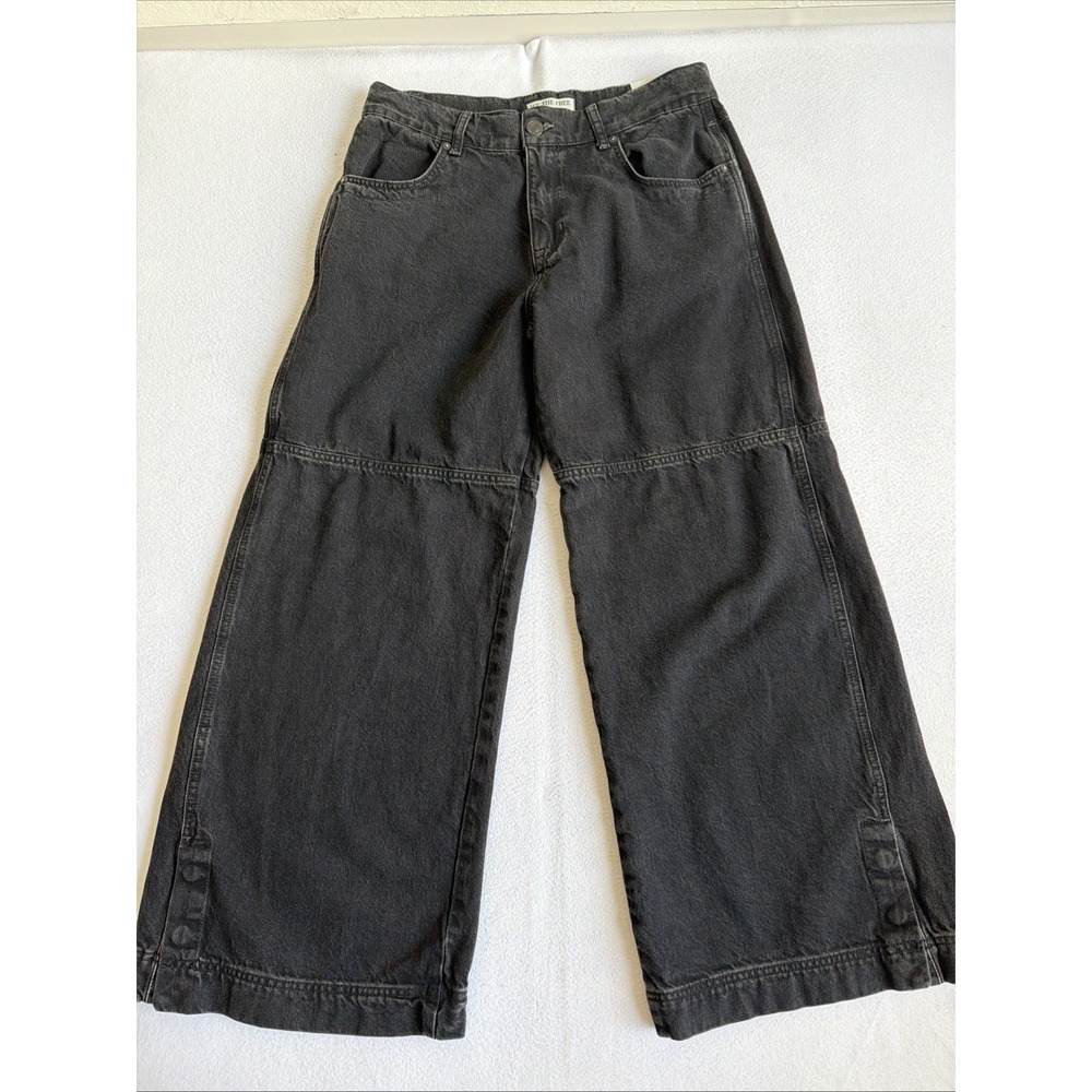 We The Free Benji Relaxed Wide Leg Jeans Women 31 Black Snap Hem Seam Detail